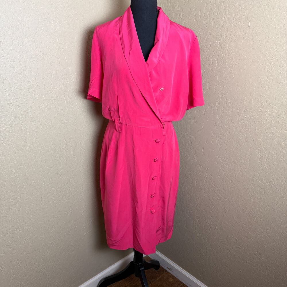 En Avance Women’s 100% Silk Fuchsia Pink Button Front Midi Dress Size 8